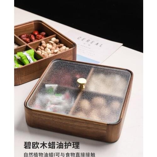 Storage Black Walnut Dried Fruit Box Solid Wood Compartment Snacks Candy Box Living Room New Year Seed Box