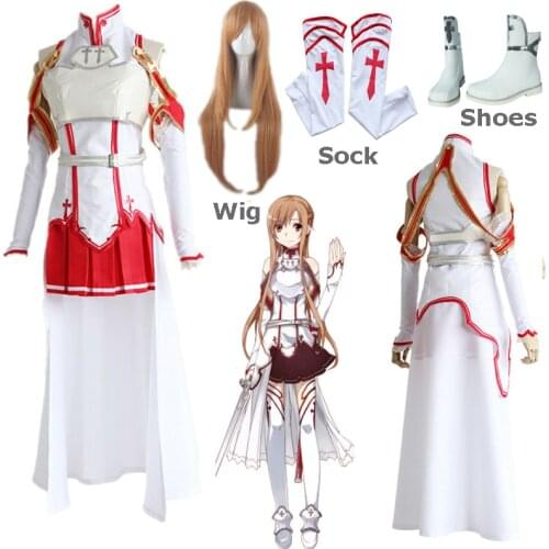 Sword Art Online Asuna Yuuki Dress Cosplay Costumes Uniform for Halloween SAO Asuna Battle Suit Outfits Full Set Dress Wig Shoes