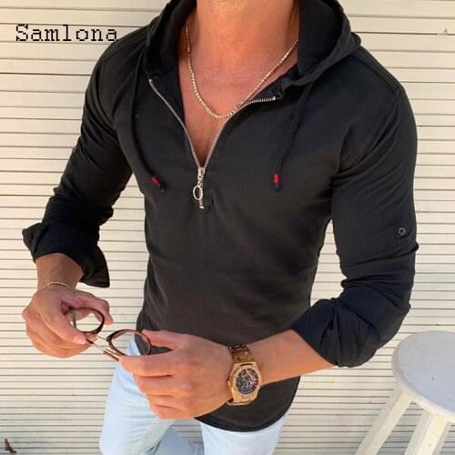 Samlona 2021 Summer Casual Skinny Blouse Long Sleeve Men Hoodie Top Zipper Up Shirt Streetwear Sexy Men Clothing Plus Size S-3XL