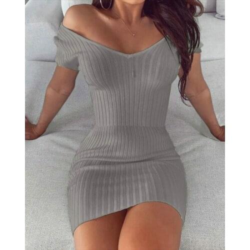 Fashion Women Summer Solid Pencil Dress Patchwork Design V Neck Short Sleeve