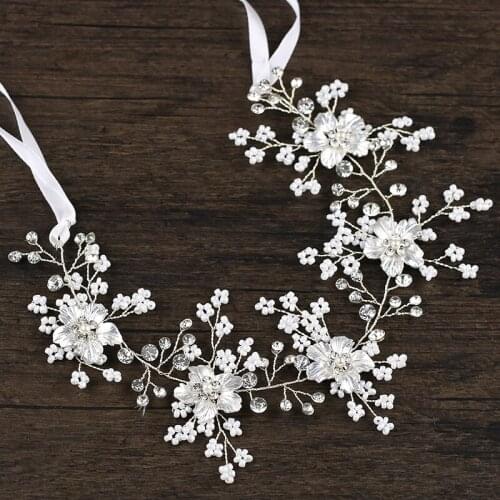 Trendy Flower Crystal Pearl Wedding Headband Tiara Silver color Handmade Hair Vine Bridal Headpiece Wedding Hair Accessories