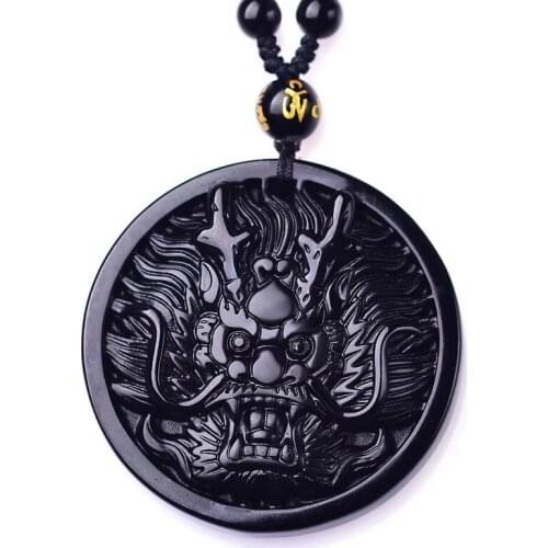 Men Necklace Pendant Black Obsidian 3D Carved Chinese Dragon Zodaic Pendant Free Rope for Male Female Fine Jade Jewelry
