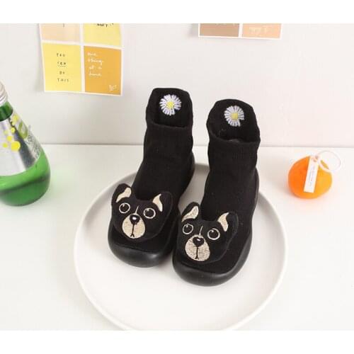 Children Black Pug Anti-slip Shoes Newborn Baby Girl Cotton Non-slip Floor Socks Baby Boy Rubber Sole Cartoon Indoor Socks Shoes