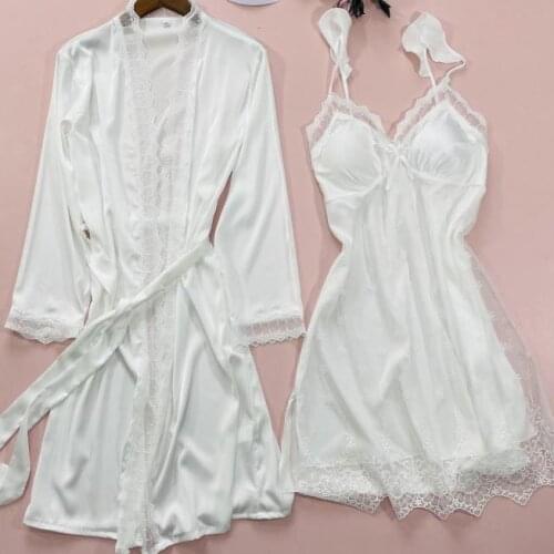 Sleepwear Women Lace Trim 2PCS Kimono Robe Gown Spring Autumn Suspender Nightdress&Bathrobe Set Loose Sexy Intimate Lingerie