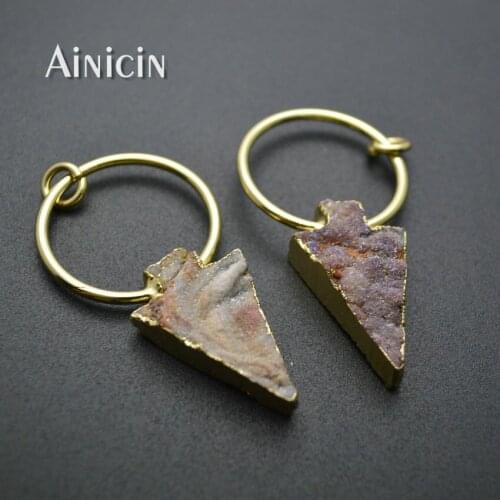 5pcs Arrow Head Shape Natural Druzy Sun Crystal Big Circle Pendant Necklace For Earrings Making Materials Gold Plating Jewelry