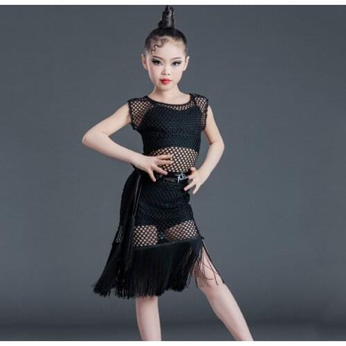 2021 ChildrenS Day Latin Dance Dress For Girls Black Mesh Practice Clothes Chacha Samba Tango Latin Performance Costumes SL4855