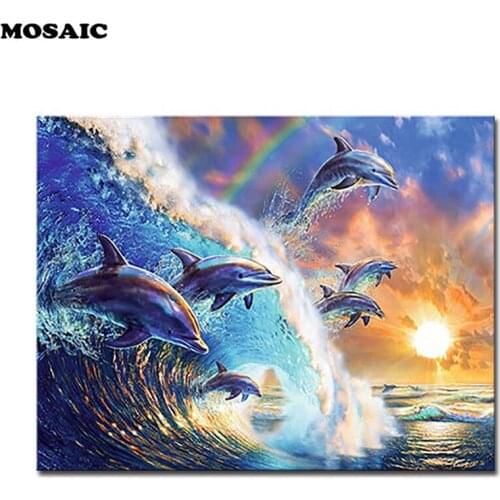 Full,Diamond Painting Dolphin,Sunset,Mosaic diamond Sea Wave Seascape,diy Handmade Cross Stitch Diamond Embroidery
