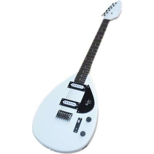 Custom 6 string water drop guitar,white guitar,fixed bridge SS pickups,black pickguard,chrome buttons