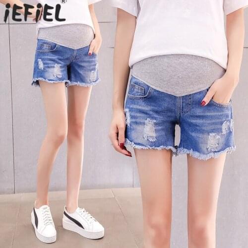 Pregnant Womens Shorts Maternity Summer Wear Hight-Waisted Distressed Denim Shorts Loose Patchwork Short Pants for Pregnancy