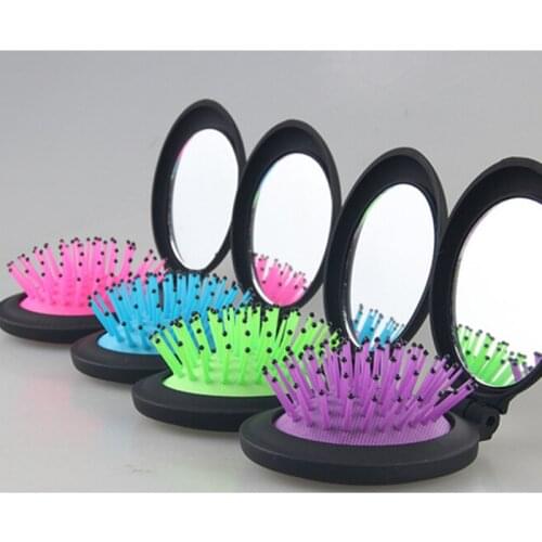 1 Pcs New Girls Portable Mini Folding Comb Airbag Massage Round Travel Hair brush With Mirror Cute oval shape Party Gift