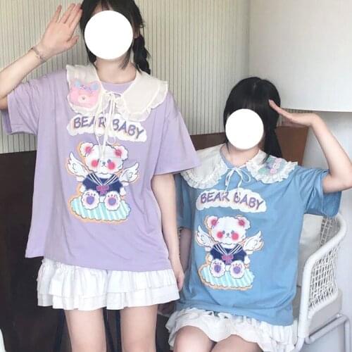 Harajuku Cute Bear Baby Cartoon Print E-Girls Loose Casual Tops Japanese JK Angel Vintage Y2K Sweet Girls Female Cotton T-Shirts