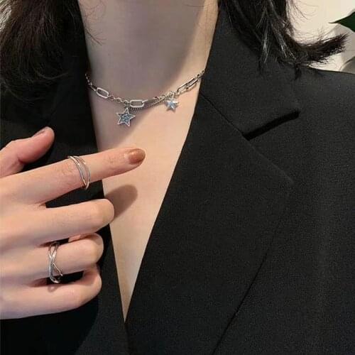 Vintage Hiphop 925 Sterling Silver Crystal Star Charm Pendant Necklace For Women Wedding Jewelry Choker Collar dz530