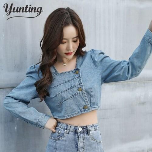 Vintage Puff Long Sleeve Crop Jean Jacket Women Spring Autumn Single Breasted Coat Female Outwear Casual Denim Jackets