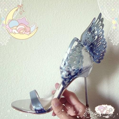 Summer Women Glitter Crystal Drilled Carved Butterfly Wings Decor Stiletto High Heels Sandals Ankle Strap Party Runway Shoes