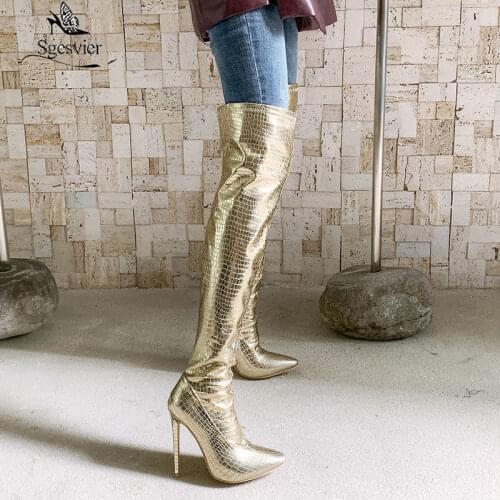 Sgesvier New Plus Size 30-48 Sexy Super High Heel Over The Knee Boots Women Silver Gold Nightclub Party Pole Dance Evening Shoes