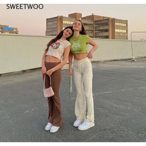 2021 Spring and Summer New Womens Solid Color Loose High Waist Fashion Sports and Leisure Bell Bottom Pants Women