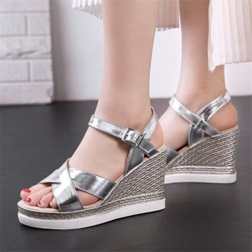 PXELENA Gold Silver Comfort Collegiate Sandals Women Wedge High Heels Platform Open Toe Cross Strap Shoes 2019 Summer Plus Size