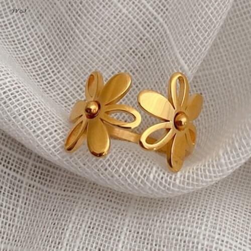 Floral open rings for women stainless steel vintage statement cocktail rings 2021 cute fancy jewelry for teen girls