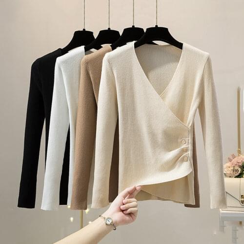 Autumn new sexy v neck elegant bottoming Sweater womens pullover button long-sleeved top design pullovers jumper winter clothes