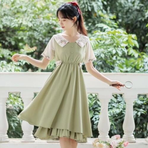 Mori Girl Sweet vintage Dress For Women Summer Japanese Flower Embroidered Doll Collar Cute Ruffles Kawaii Dress
