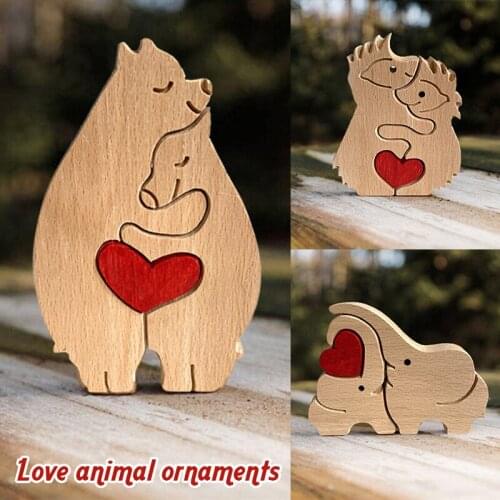 Animal in Love Ornament Wooden Desktop Decor Gift for Lover Family 2 Elephants/Hedgehogs/Bears Holding each other D1