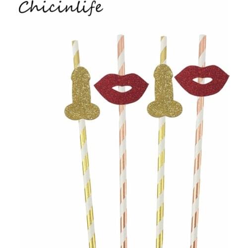 Chicinlife 10pcs Gold Willy Red Lip With Paper Straws Wedding Bachelorette Party Decoration Bridal Shower Funny Drink Straws