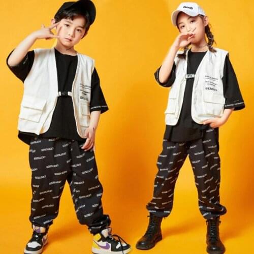 Kids Cool Hip Hop Show Clothing Sleeveless Jacket Top Vest Streetwear Cargo Pants for Girl Boy Jazz Dance Costume Set Clothes