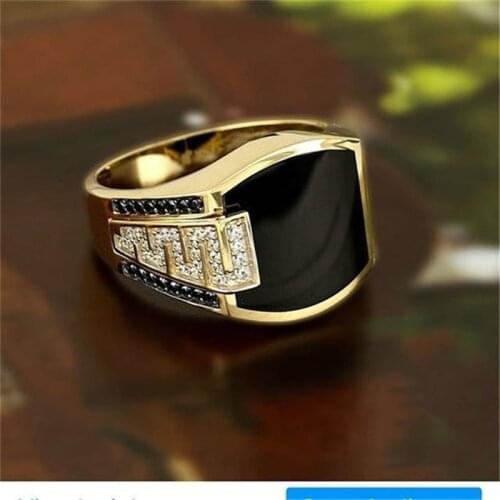 Hot Sale Freemason Totem Copper Mens Ring Golden Wide Face With Black Crystal Jewelry For Party Engagement Accessories