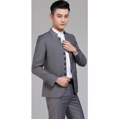 Black grey men Chinese tunic suit set with pants mens casual tang suits stand collar fashion slim formal dress mens groom suit