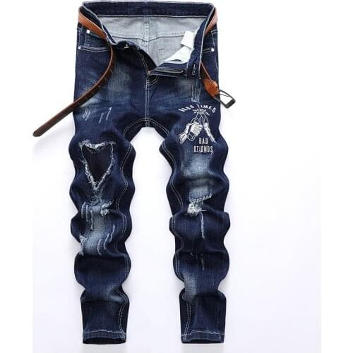 Fashion hipster streetwear Ripped Jeans Patchwork Individuality Men Straight Cowboy Trousers Slim Embroidered Casual Denim Pants