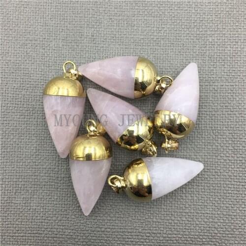 MY0245 Circular Cone Pink Crystal Quartz Petite Point Pendant With Pure Gold Color or Silver plated Cap and Bail