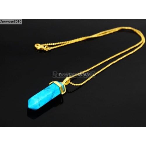 Natural Stabilized Tur-quoise Gems Stone Hexagonal Pointed Healing Reiki Chakra Pendant Bead Gold17'' Chain Necklace 5 Sets/Pack