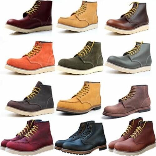 New Men Punks Boots Tooling Red Wings Genuine Leather Round Toe Men Vintage Style Ankle Boots Casual Shoes Motorcycle Boots 46
