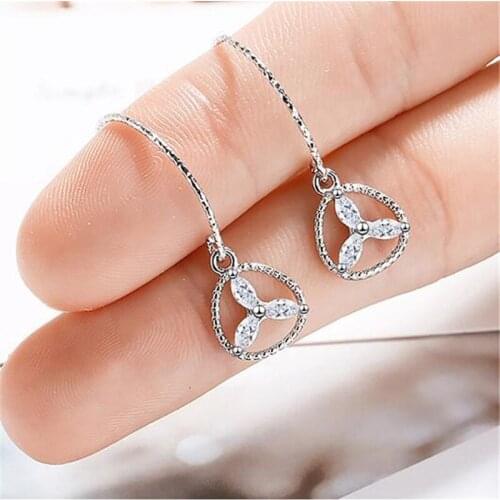 New Flash Lucky Grass Simple Personality 925 Sterling Silver Jewelry Fresh Ear Hook Temperament Crystal Dangle Earrings SE892