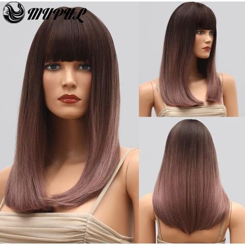 Pink Straight Medium Ombre Daily Natural Synthetic Wig With Bangs For White Women Hair Female Cosplay Heat Resistant Fiber Wigs