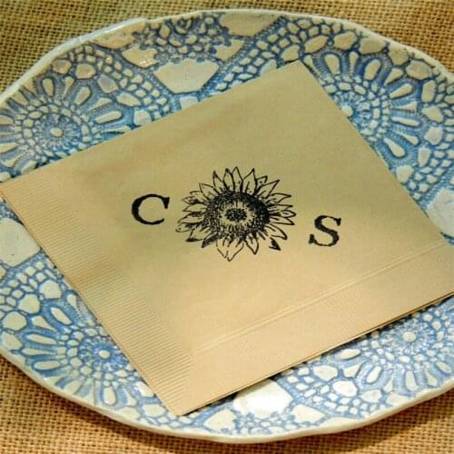 Personalized Cocktail Napkins Light Burlap Brown Sunflower Wedding Custom 3 Ply Paper Beverage with Large Couples Initials