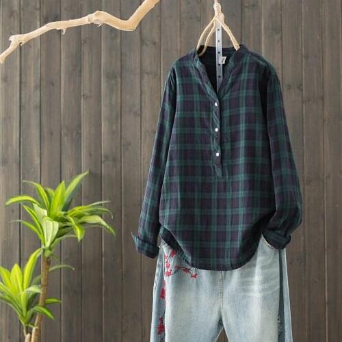 Cotton Women Shirt Plaid 2020 Autumn Spring V-neck Loose Pullover Long Sleeve Loose Mori Girl Casual Women Tops