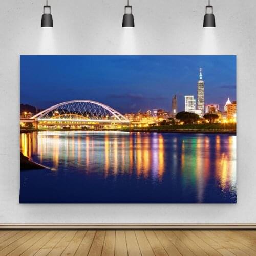 City Building Riverside Wooden Platform Child Night Scenic Photo Background Photography Backdrops Photocall Photo Studio
