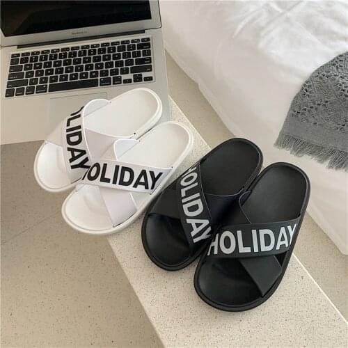 Summer Women INS Outdoor Alphabet Slippers Harajuku Cross Tape Flat Female Sandals Black White Soft Anti-slip Bottom Girl Slides
