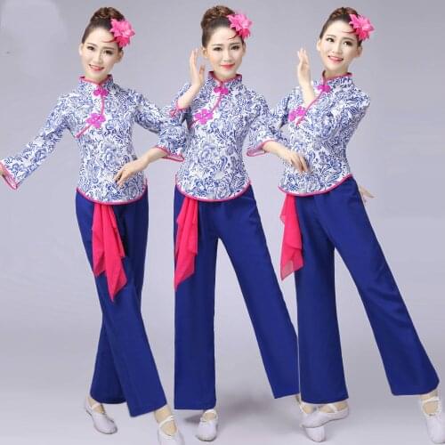 Blue and White Porcelain Women Waist Drum with Waist Handkerchief Female Yangko Dance Costume Chinese Folk Dance Clothing 89