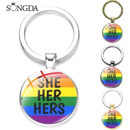 SONGDA-Lgbt Gay Pride Flags Keychain Fashion Art Photo Glass Metal Holder Key Chain Ring For Gifts Fashion Jewelry Accessories