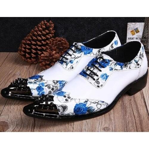 Zapatos De Vestir Elegant White Print Floral Genuine Leather Hidden Heel Shoes For Men Lace UP Rivets Italian Wedding Oxford