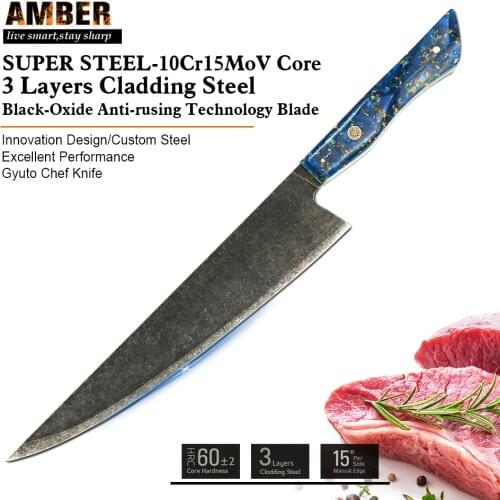 Amber Stainless Steel Kitchen Knives High Quality 10Cr15Mov 3 Layers Cladding Steel Chef Cleaver Knife Cooking