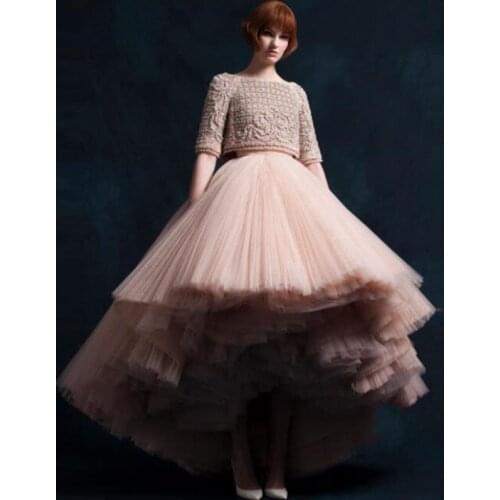 2019 Asymmetrical Long Skirt Super Puffy Peach Jupe Femme Tulle Skirt Hi Low Women Skirts Saia Chic Tiered Formal Party Skirts