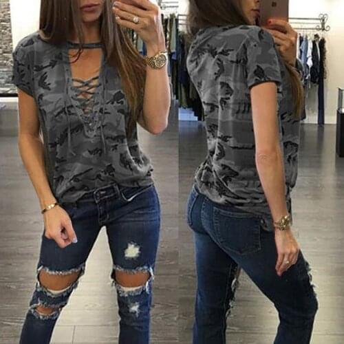 New Women Short Sleeve T-Shirts Summer Camo Print Casual Tee V-Neck Bandage Fashion Tops Female Loose Plus Size T-Shirt XL Top