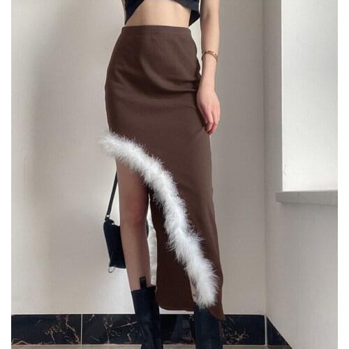 Ladies Fashion Street Sexy High Waist Hairy Stitching Asymmetrical Skirt Solid Color Personality Tight-Fitting Mid-Length Skirt