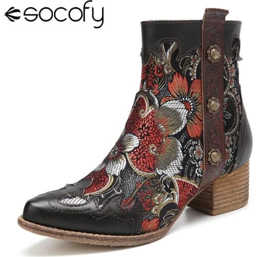SOCOFY Women Retro Style Boots Flowers Pattern Stitching Leather Pointed Toe Heel Short Boots Casual Boots Botas Mujer 2020