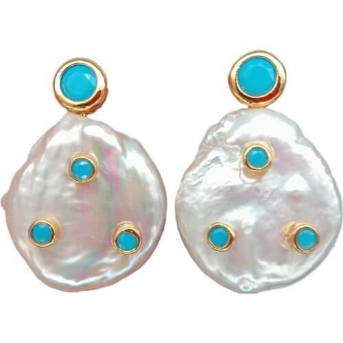 Freshwater Cultured White Coin Pearl Muti Color Cz pave Stud Earrings for Woman