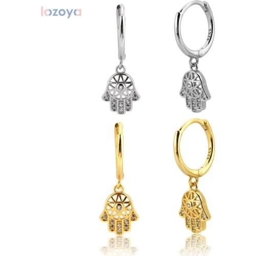 LOZOYA 925 Sterling Silver Wheel Hamsa Women Zircon Hand Drop Earring 2021 Fashion Jewelry Fine Crystal Piercing For CZ Jewels