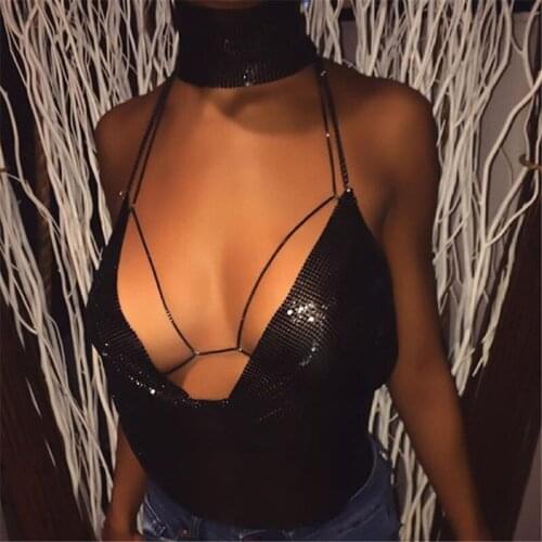 Sexy Backless Bralette Halter Sequined Top Camisole Night Club Wear Elegant Metal Crop Top Summer Women